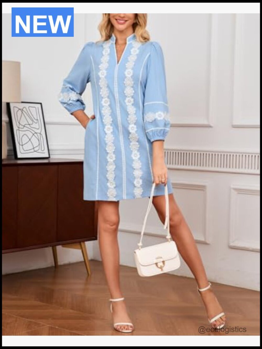 Embroidered Lace Floral Tunic Dress V-Neck 3/4 Puff Sleeve Mini Dress with - Picture 6 of 7